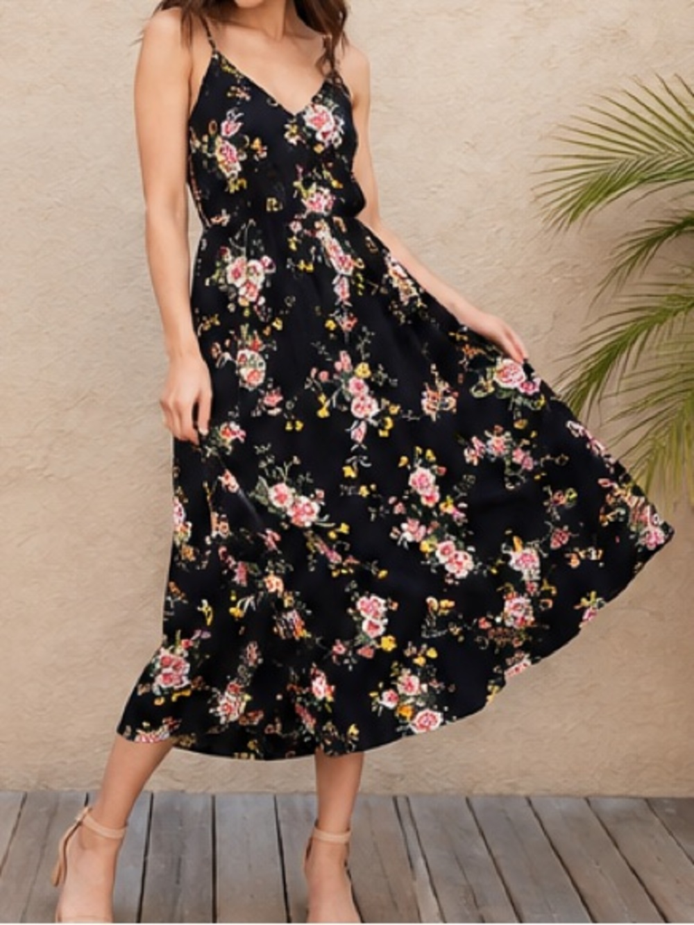 Black Floral Midi Dress with Pink and Yellow Blooms